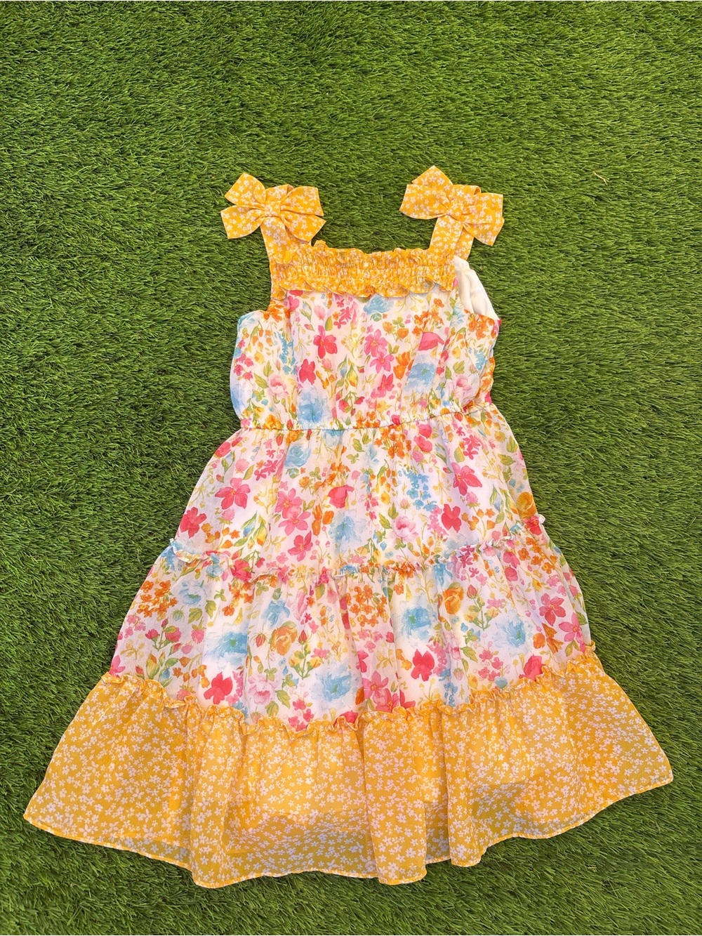 Jona Michelle Yellow Floral Tiered Dress with Shoulder Bows